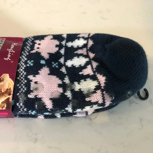 Hongling Thermal Fleece Lined Slipper Socks w Silicone Grip Dots Blu Wht Pnk NWT - Picture 2 of 12